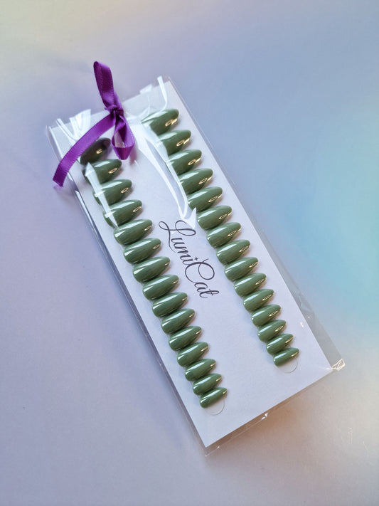 Lowkey Matcha - Short Almond - Chrome Press-Ons