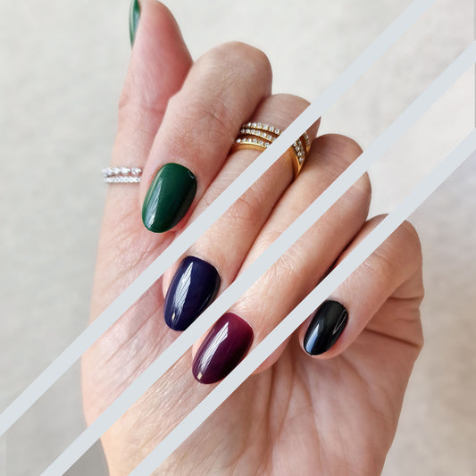 Kombi: The Dark Academia Edit - Berry Bold, Navy Baby, Evergreen & Blackout - Short Oval - Press-Ons