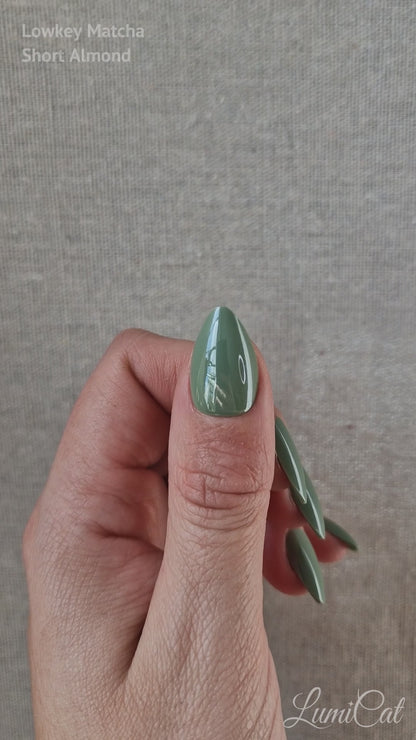 Lowkey Matcha - Short Almond - Chrome Press-Ons