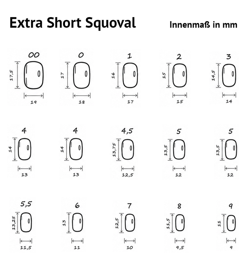 Größentabelle Extra Short Squoval Press-Ons