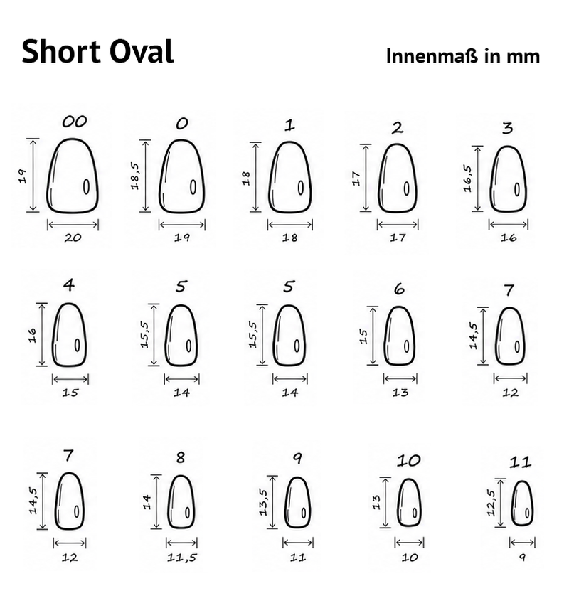 Größentabelle Short Oval Press-Ons